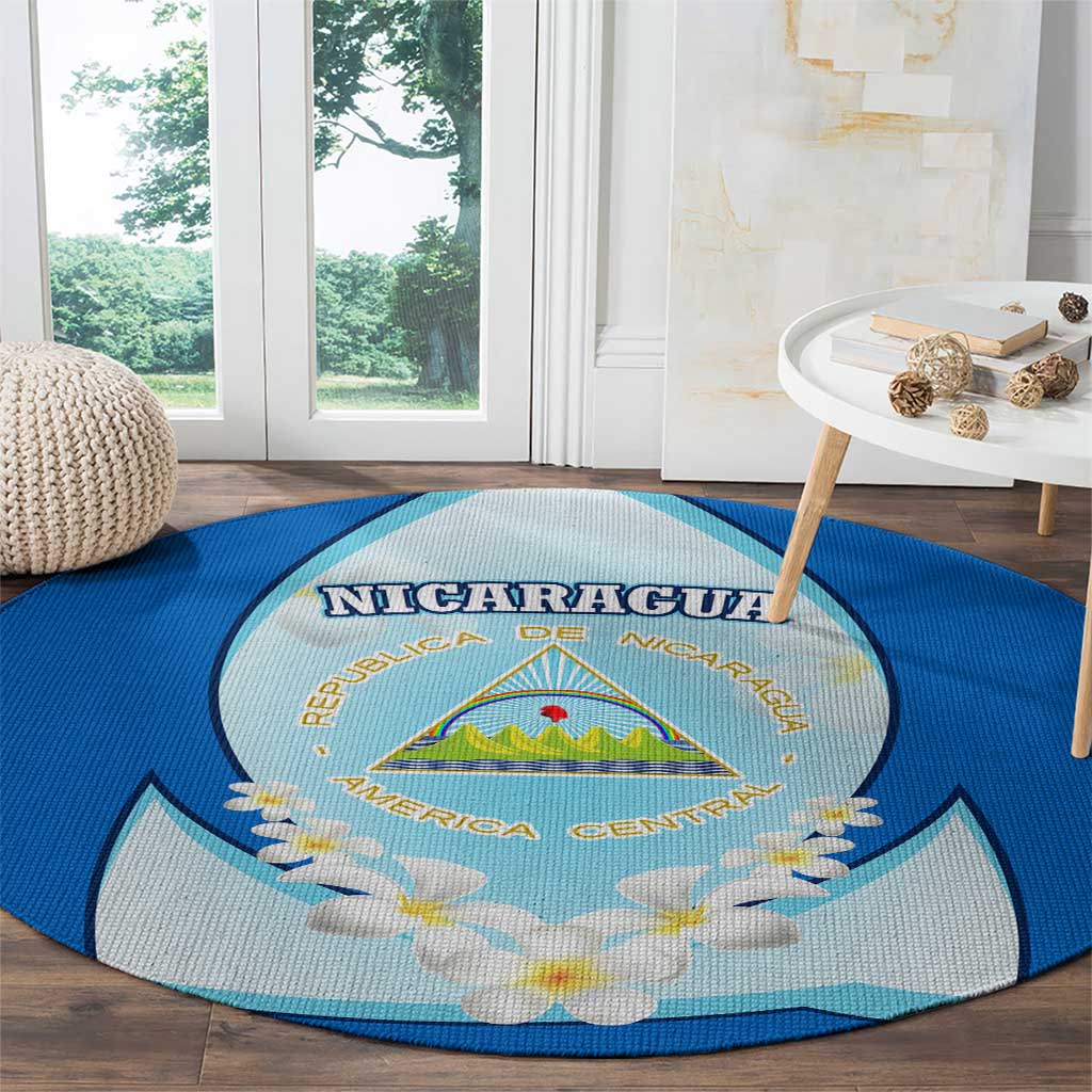 Nicaragua National Emblem Round Carpet with White Flor de Sacuanjoche and Blue Gradient Design - Wonder Print Shop