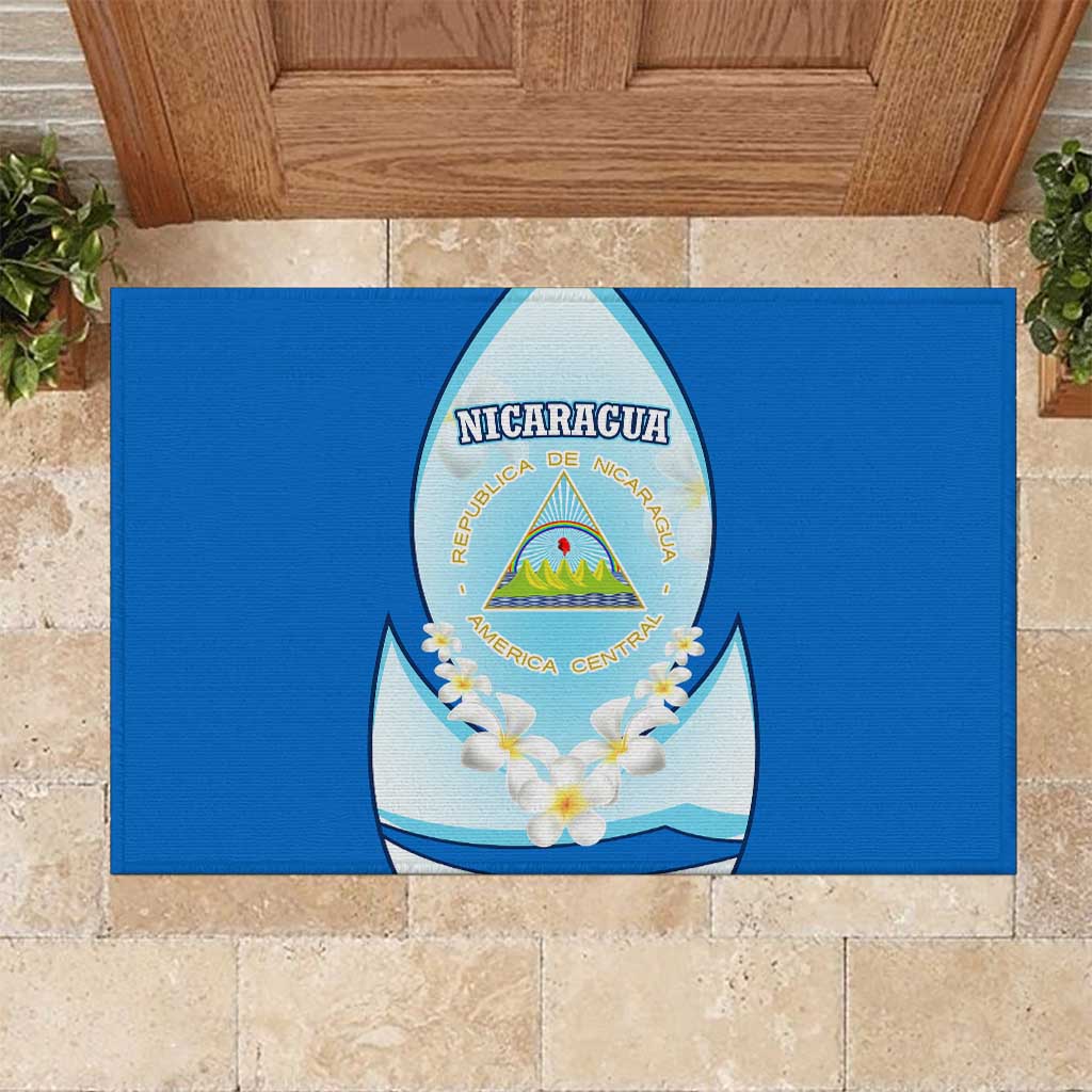 Nicaragua National Emblem Rubber Doormat with White Flor de Sacuanjoche and Blue Gradient Design - Wonder Print Shop