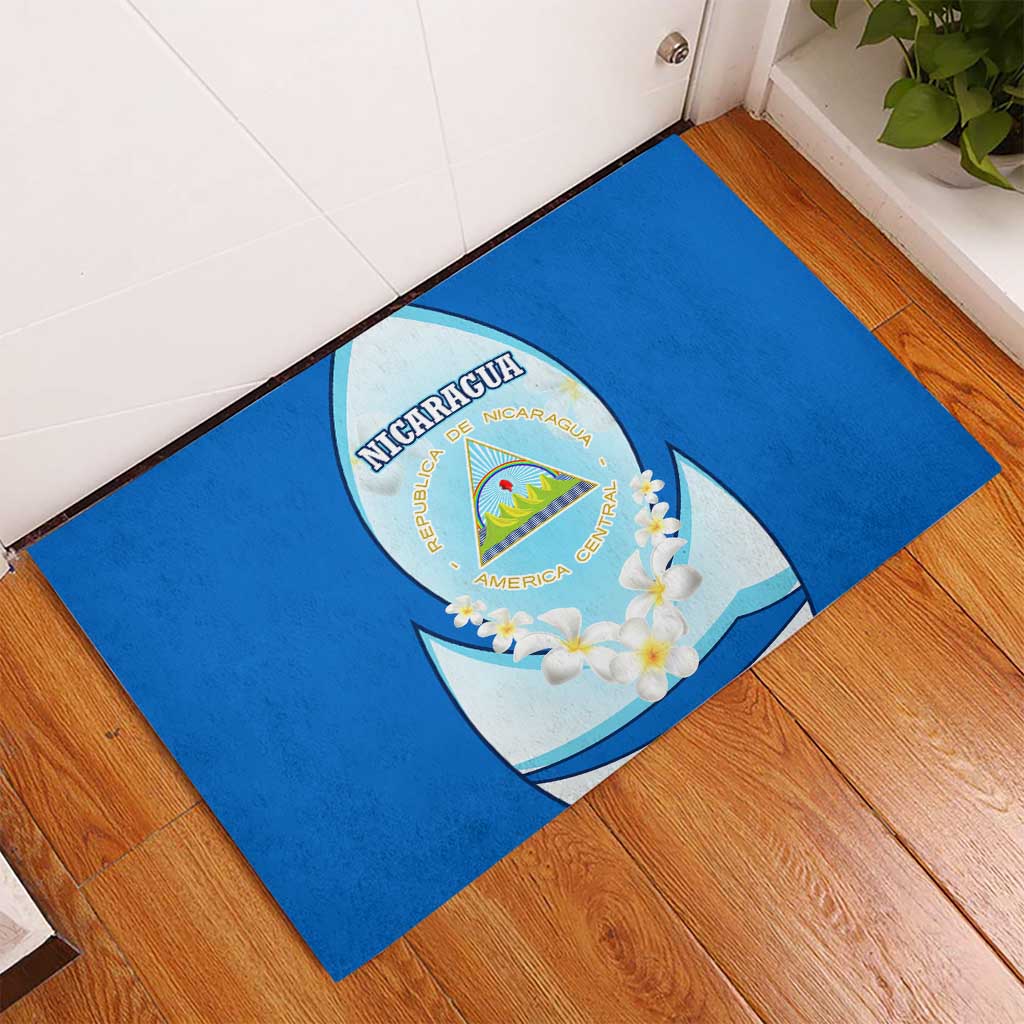 Nicaragua National Emblem Rubber Doormat with White Flor de Sacuanjoche and Blue Gradient Design - Wonder Print Shop