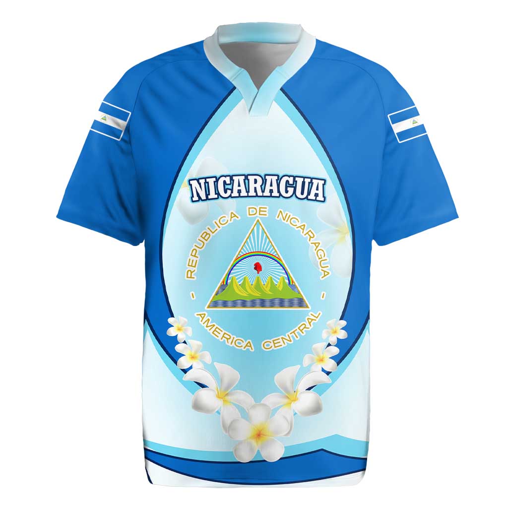 Nicaragua National Emblem Rugby Jersey with White Flor de Sacuanjoche and Blue Gradient Design - Wonder Print Shop