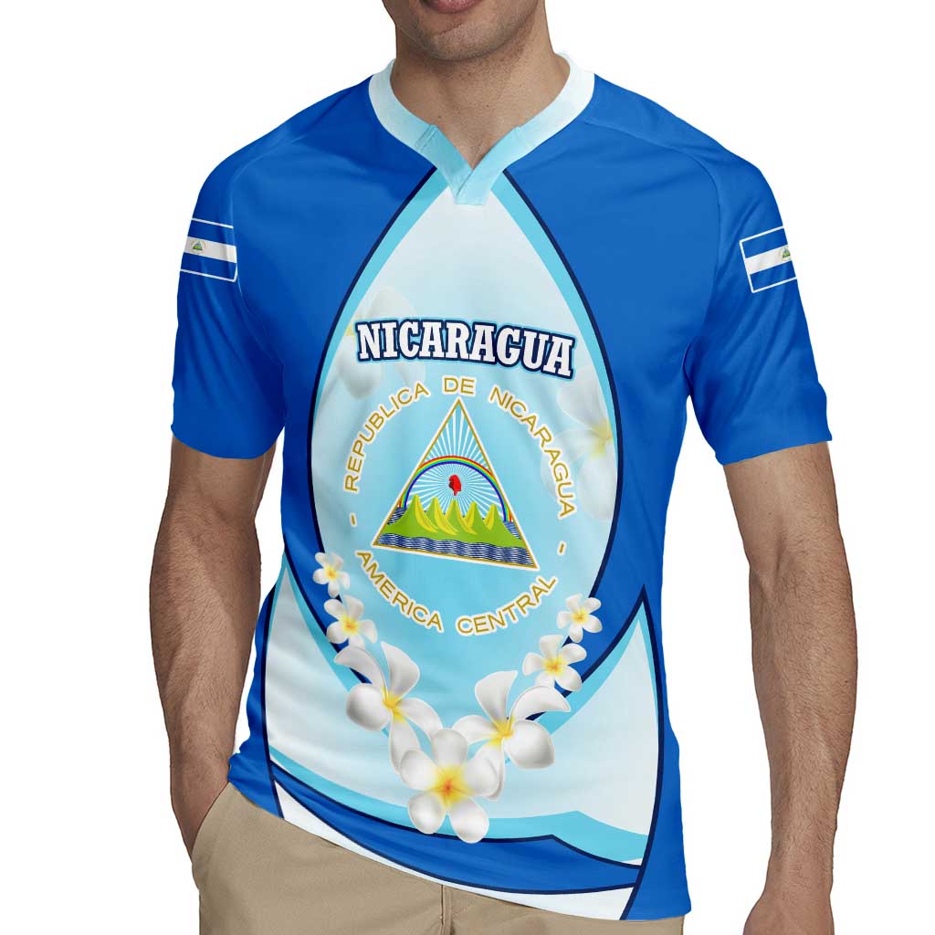 Nicaragua National Emblem Rugby Jersey with White Flor de Sacuanjoche and Blue Gradient Design - Wonder Print Shop