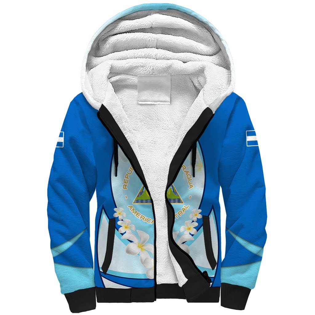 Nicaragua National Emblem Sherpa Hoodie with White Flor de Sacuanjoche and Blue Gradient Design - Wonder Print Shop