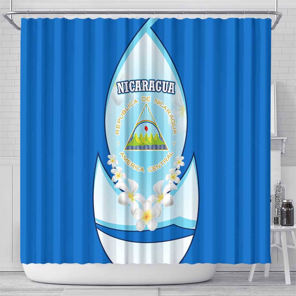 Nicaragua National Emblem Shower Curtain with White Flor de Sacuanjoche and Blue Gradient Design - Wonder Print Shop