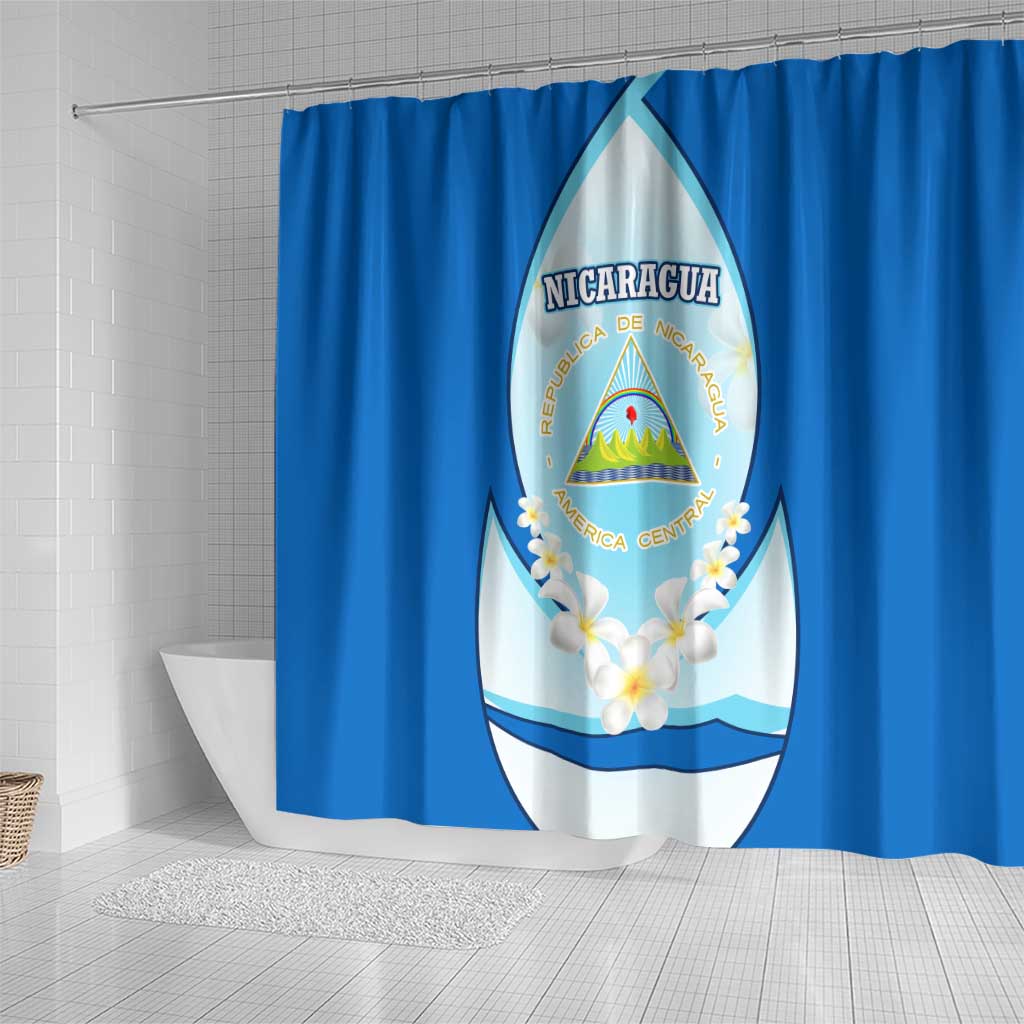 Nicaragua National Emblem Shower Curtain with White Flor de Sacuanjoche and Blue Gradient Design - Wonder Print Shop