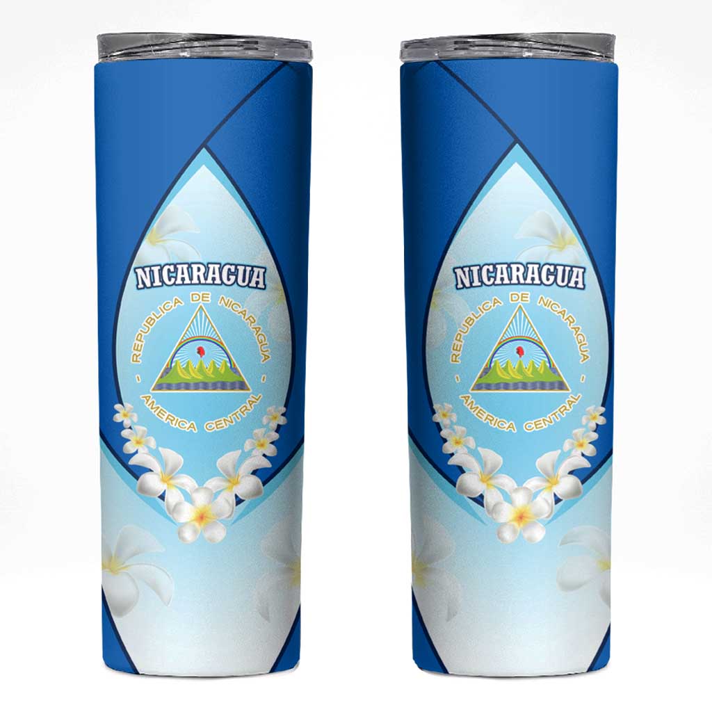 Nicaragua National Emblem Skinny Tumbler with White Flor de Sacuanjoche and Blue Gradient Design - Wonder Print Shop