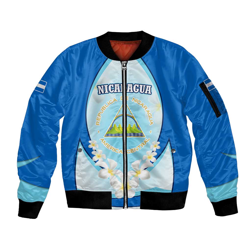 Nicaragua National Emblem Sleeve Zip Bomber Jacket with White Flor de Sacuanjoche and Blue Gradient Design - Wonder Print Shop