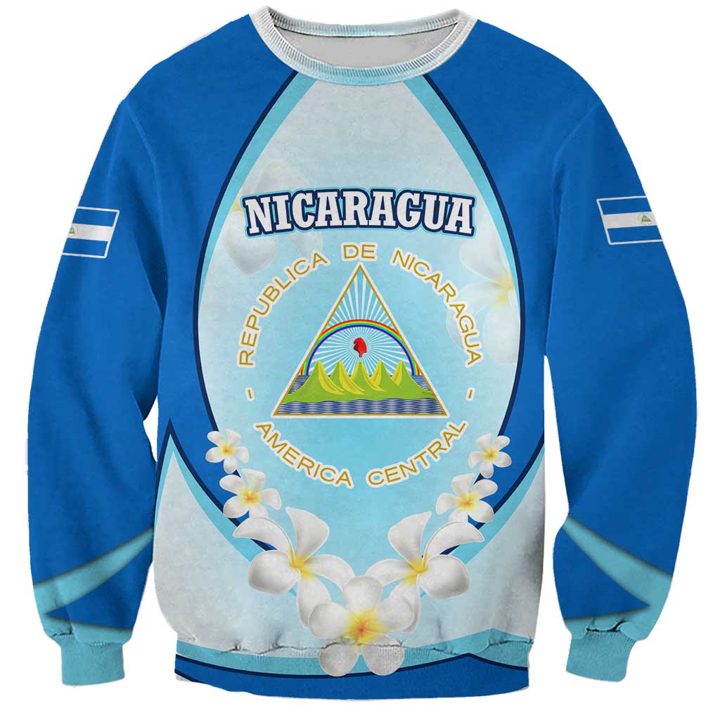 Nicaragua National Emblem Sweatshirt with White Flor de Sacuanjoche and Blue Gradient Design - Wonder Print Shop