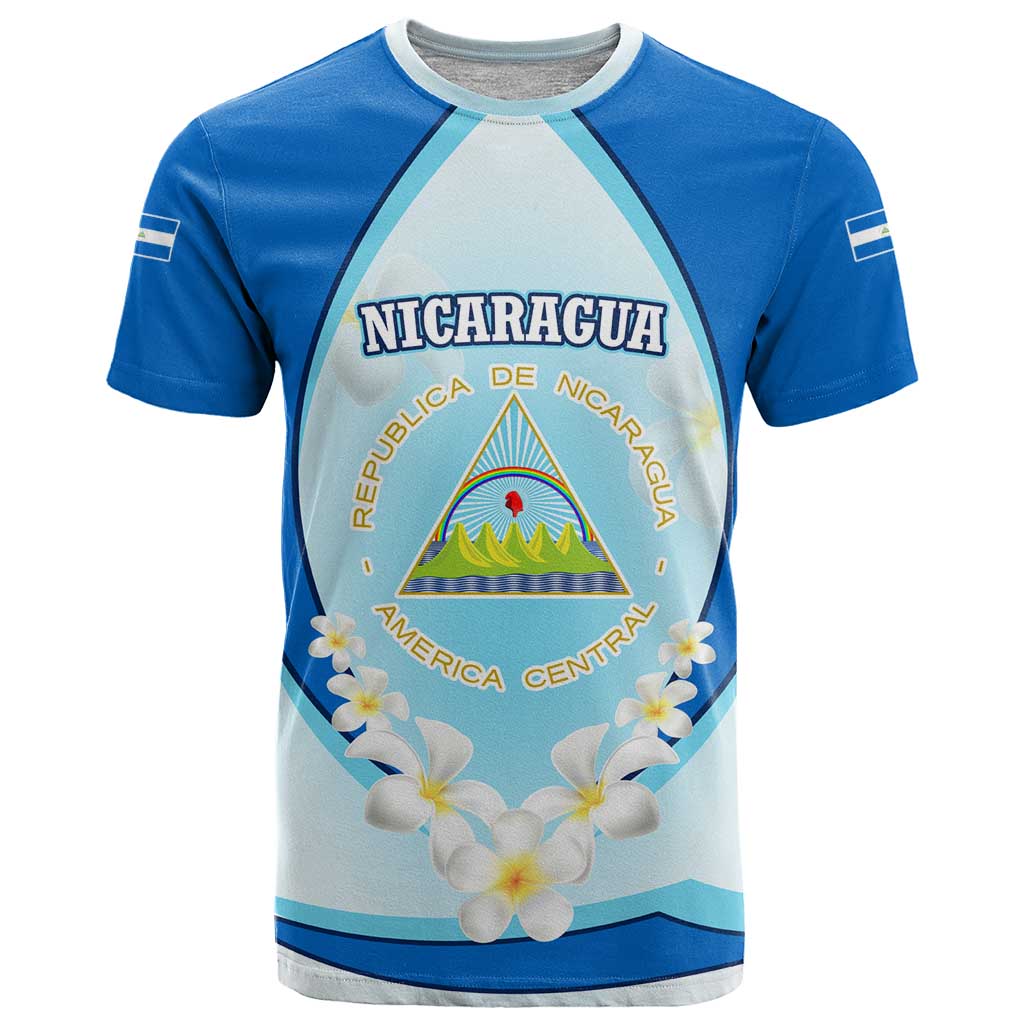 Nicaragua National Emblem T Shirt with White Flor de Sacuanjoche and Blue Gradient Design - Wonder Print Shop