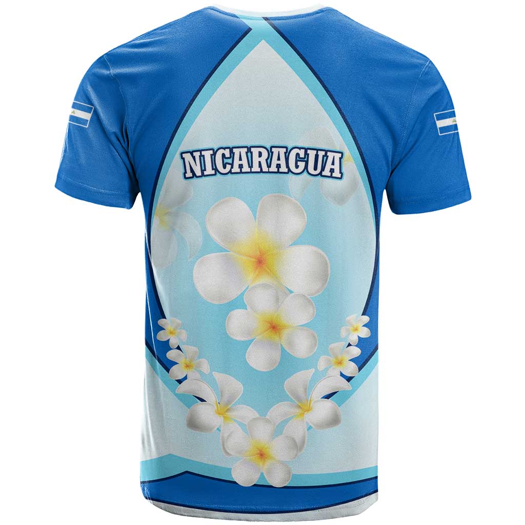 Nicaragua National Emblem T Shirt with White Flor de Sacuanjoche and Blue Gradient Design - Wonder Print Shop