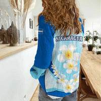 Nicaragua National Emblem Women Casual Shirt with White Flor de Sacuanjoche and Blue Gradient Design - Wonder Print Shop