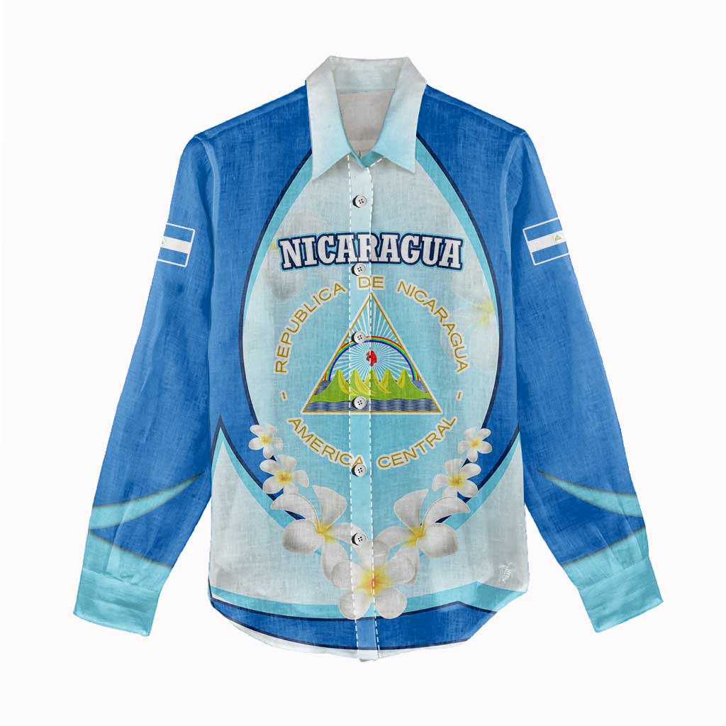 Nicaragua National Emblem Women Casual Shirt with White Flor de Sacuanjoche and Blue Gradient Design - Wonder Print Shop