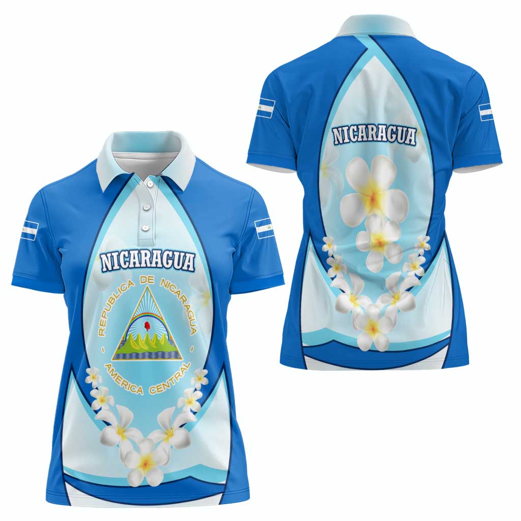 Nicaragua National Emblem Women Polo Shirt with White Flor de Sacuanjoche and Blue Gradient Design - Wonder Print Shop