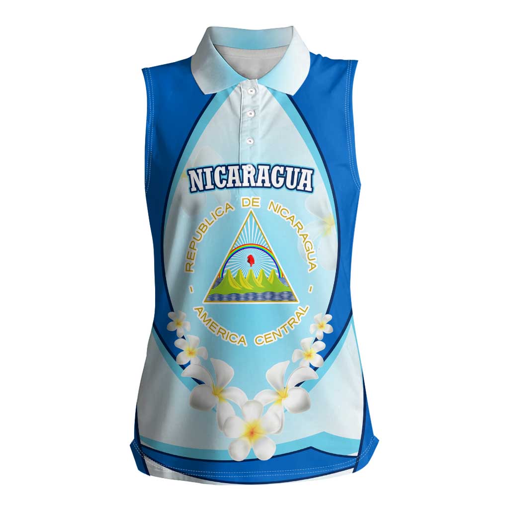 Nicaragua National Emblem Women Sleeveless Polo Shirt with White Flor de Sacuanjoche and Blue Gradient Design - Wonder Print Shop