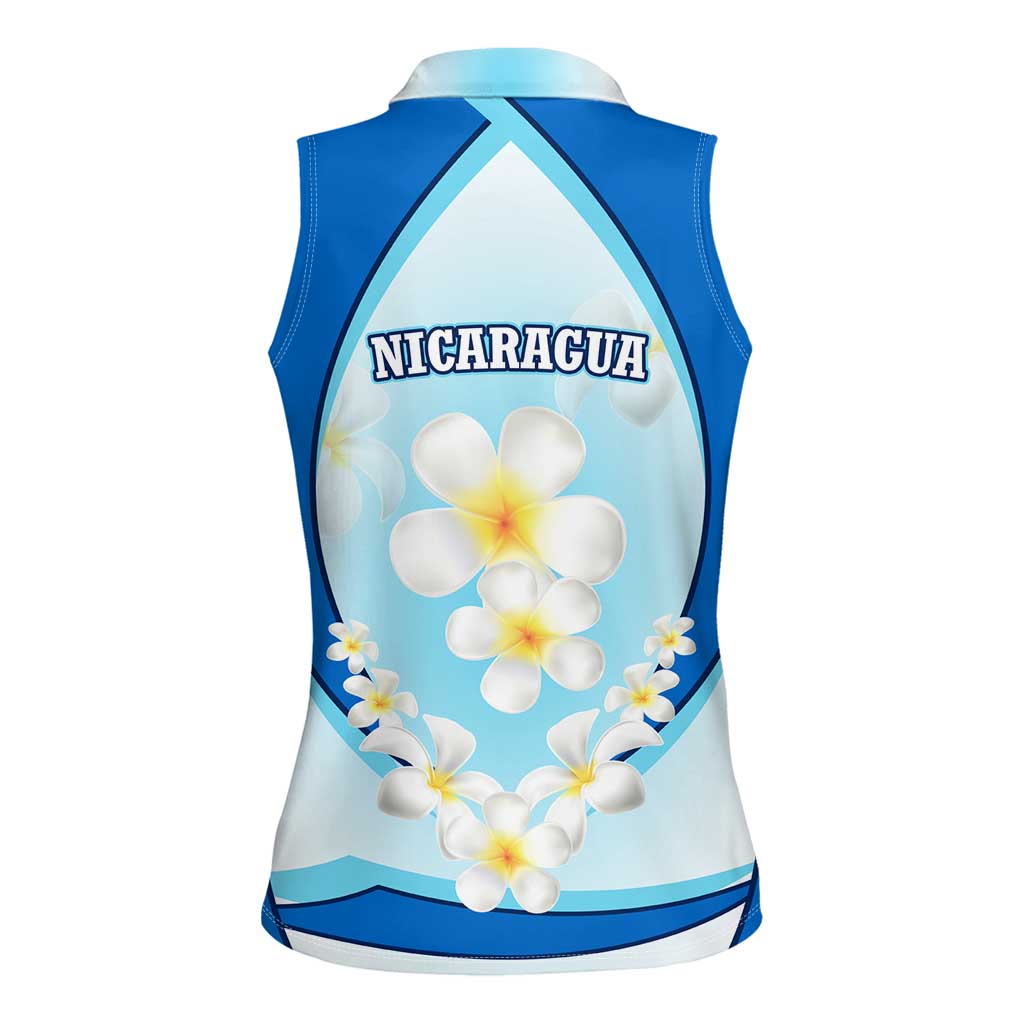 Nicaragua National Emblem Women Sleeveless Polo Shirt with White Flor de Sacuanjoche and Blue Gradient Design - Wonder Print Shop