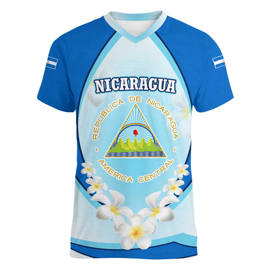 Nicaragua National Emblem Women V-Neck T-Shirt with White Flor de Sacuanjoche and Blue Gradient Design - Wonder Print Shop