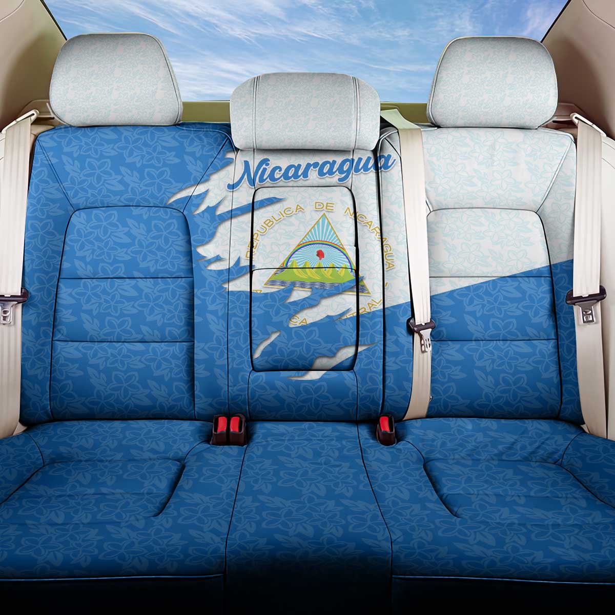 Nicaragua Flag Ripped Effect Back Car Seat Cover with National Emblem and Floral Pattern Design - Wonder Print Shop