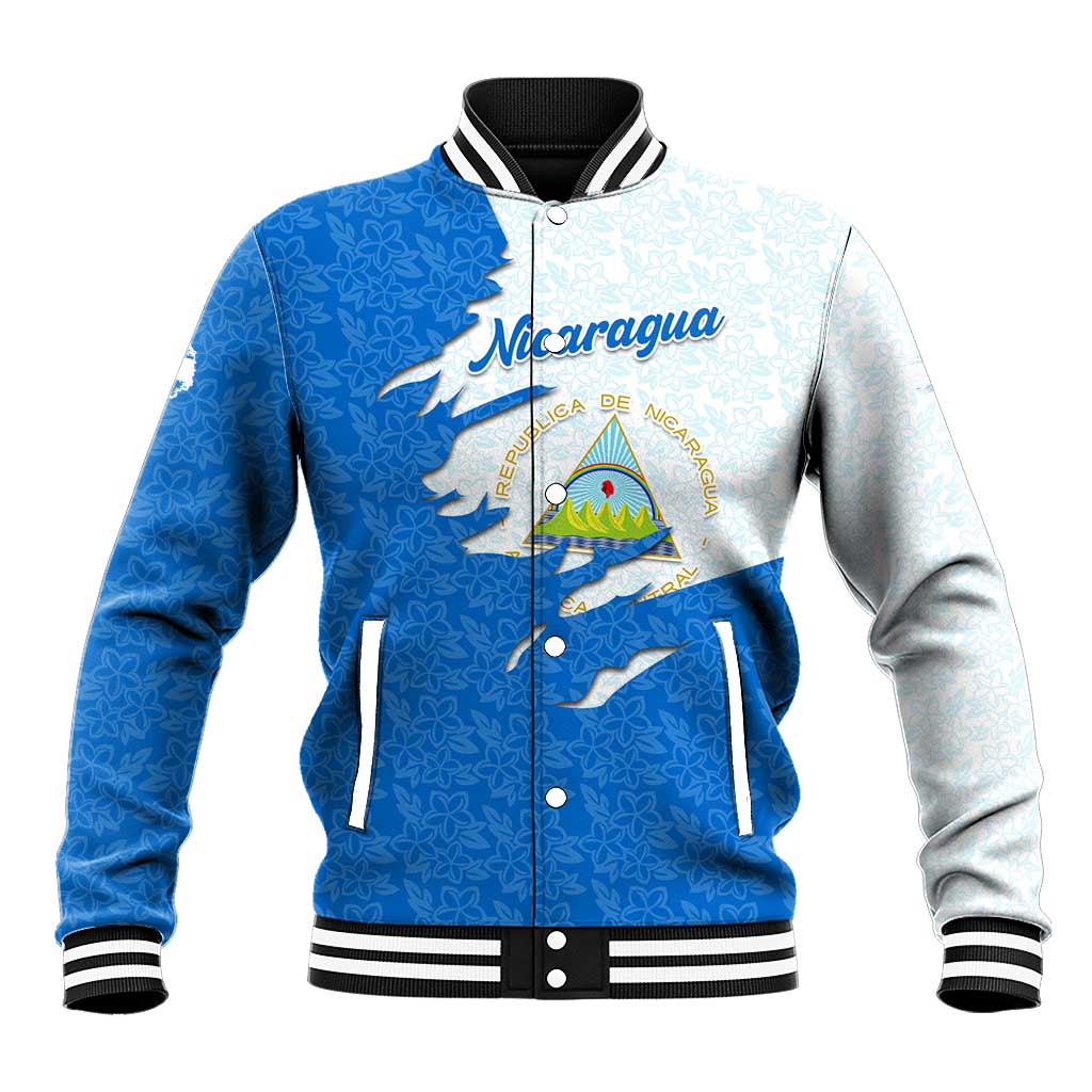 Nicaragua Flag Ripped Effect Baseball Jacket with National Emblem and Floral Pattern Design - Wonder Print Shop