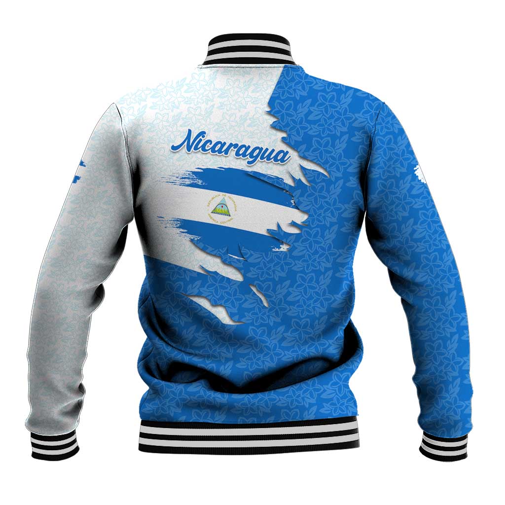 Nicaragua Flag Ripped Effect Baseball Jacket with National Emblem and Floral Pattern Design - Wonder Print Shop