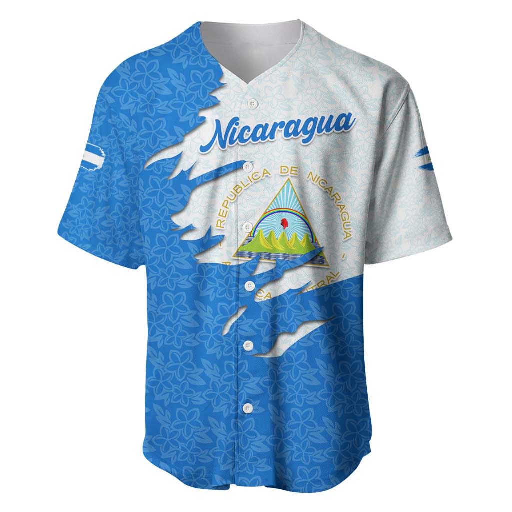 Nicaragua Flag Ripped Effect Baseball Jersey with National Emblem and Floral Pattern Design - Wonder Print Shop