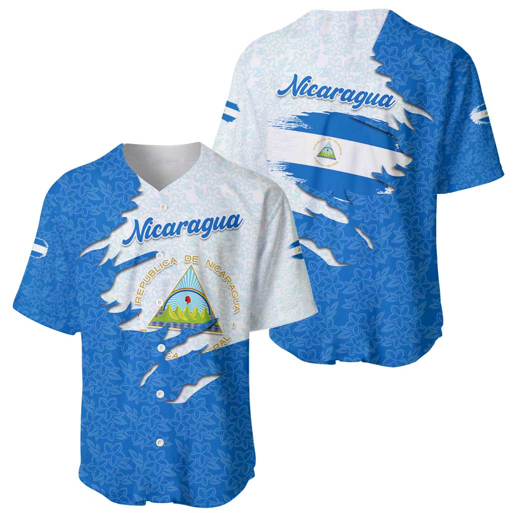 Nicaragua Flag Ripped Effect Baseball Jersey with National Emblem and Floral Pattern Design - Wonder Print Shop