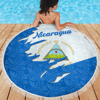 Nicaragua Flag Ripped Effect Beach Blanket with National Emblem and Floral Pattern Design - Wonder Print Shop
