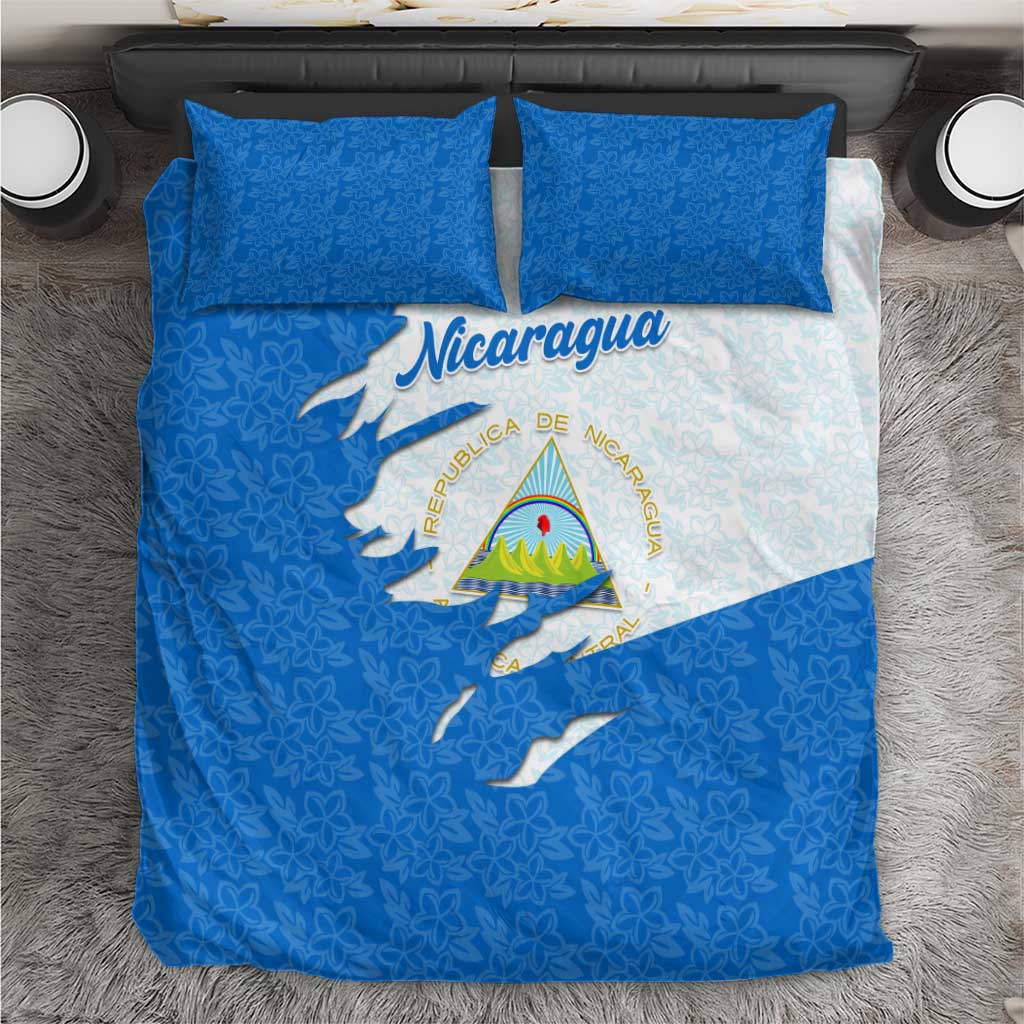 Nicaragua Flag Ripped Effect Bedding Set with National Emblem and Floral Pattern Design - Wonder Print Shop
