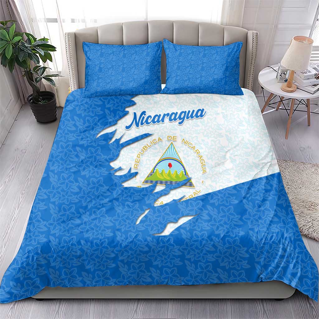 Nicaragua Flag Ripped Effect Bedding Set with National Emblem and Floral Pattern Design - Wonder Print Shop