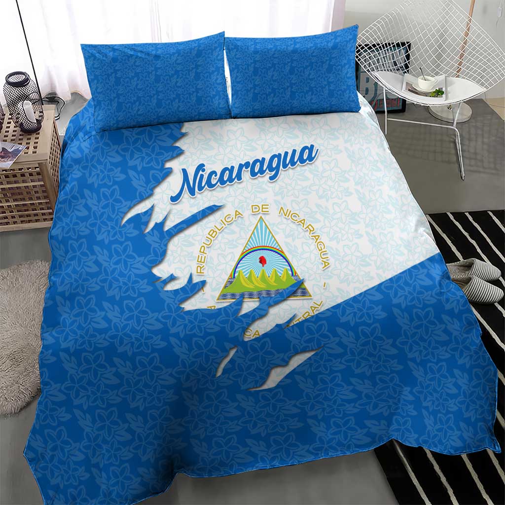 Nicaragua Flag Ripped Effect Bedding Set with National Emblem and Floral Pattern Design - Wonder Print Shop