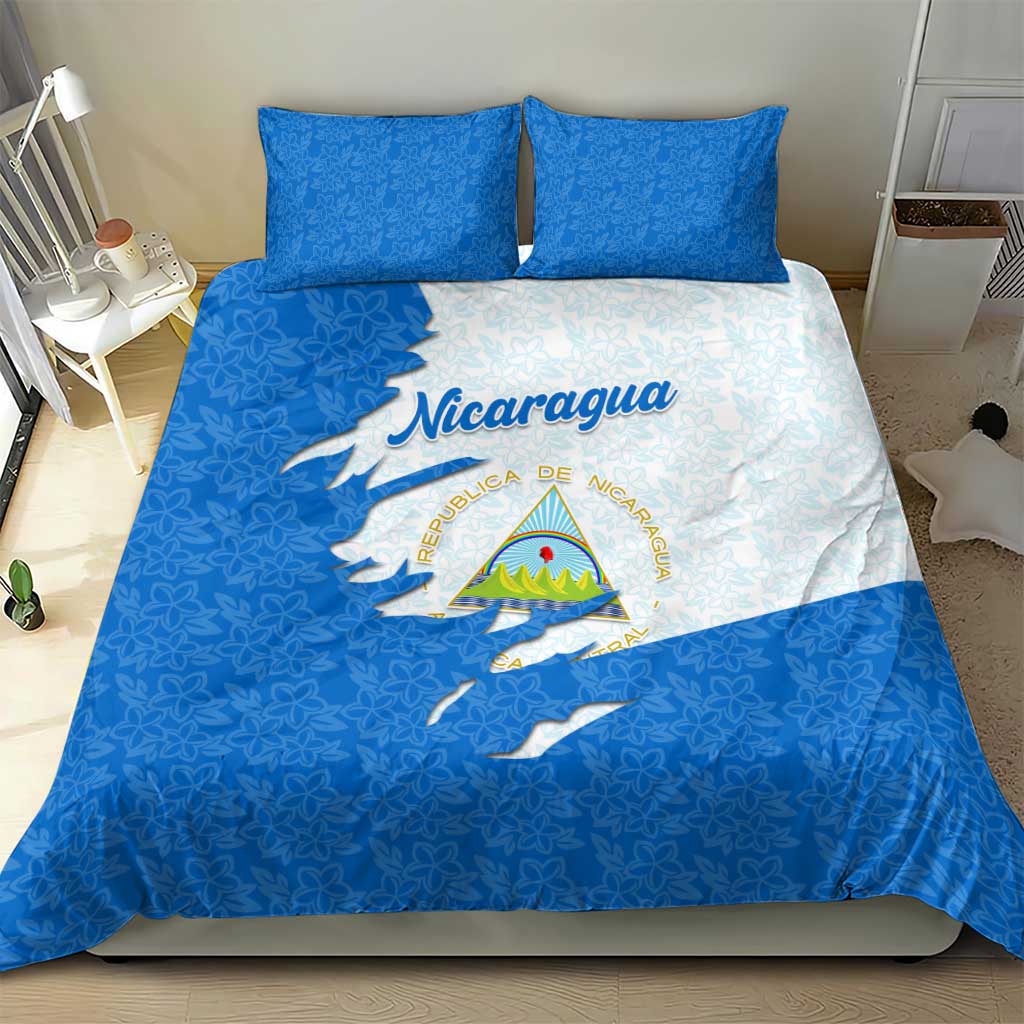 Nicaragua Flag Ripped Effect Bedding Set with National Emblem and Floral Pattern Design - Wonder Print Shop
