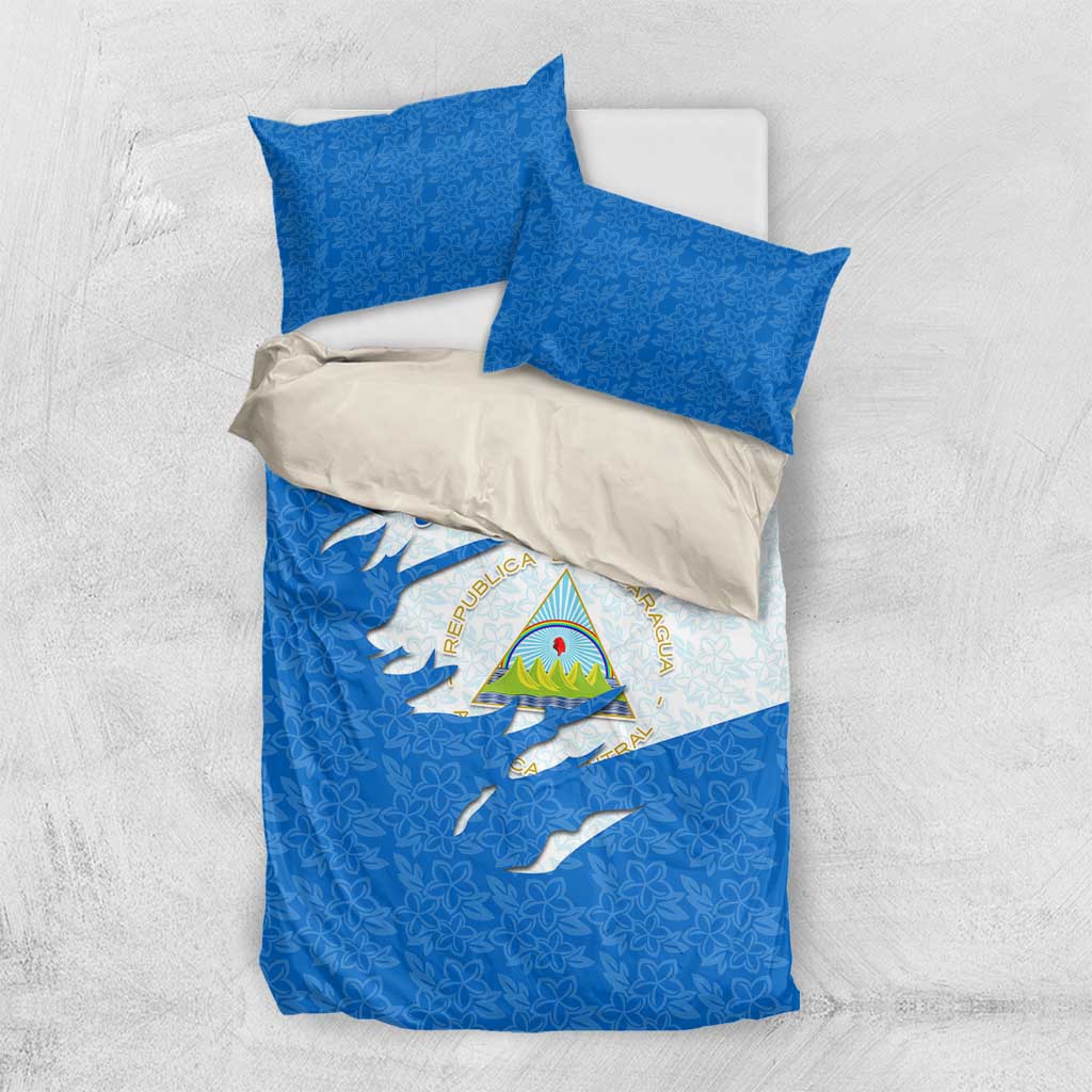 Nicaragua Flag Ripped Effect Bedding Set with National Emblem and Floral Pattern Design - Wonder Print Shop