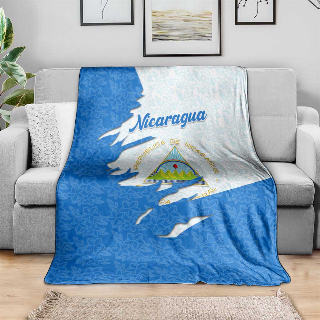 Nicaragua Flag Ripped Effect Blanket with National Emblem and Floral Pattern Design - Wonder Print Shop