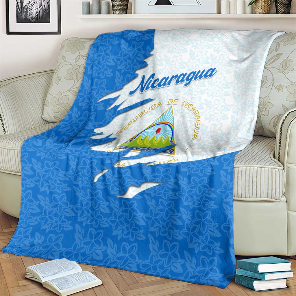 Nicaragua Flag Ripped Effect Blanket with National Emblem and Floral Pattern Design - Wonder Print Shop