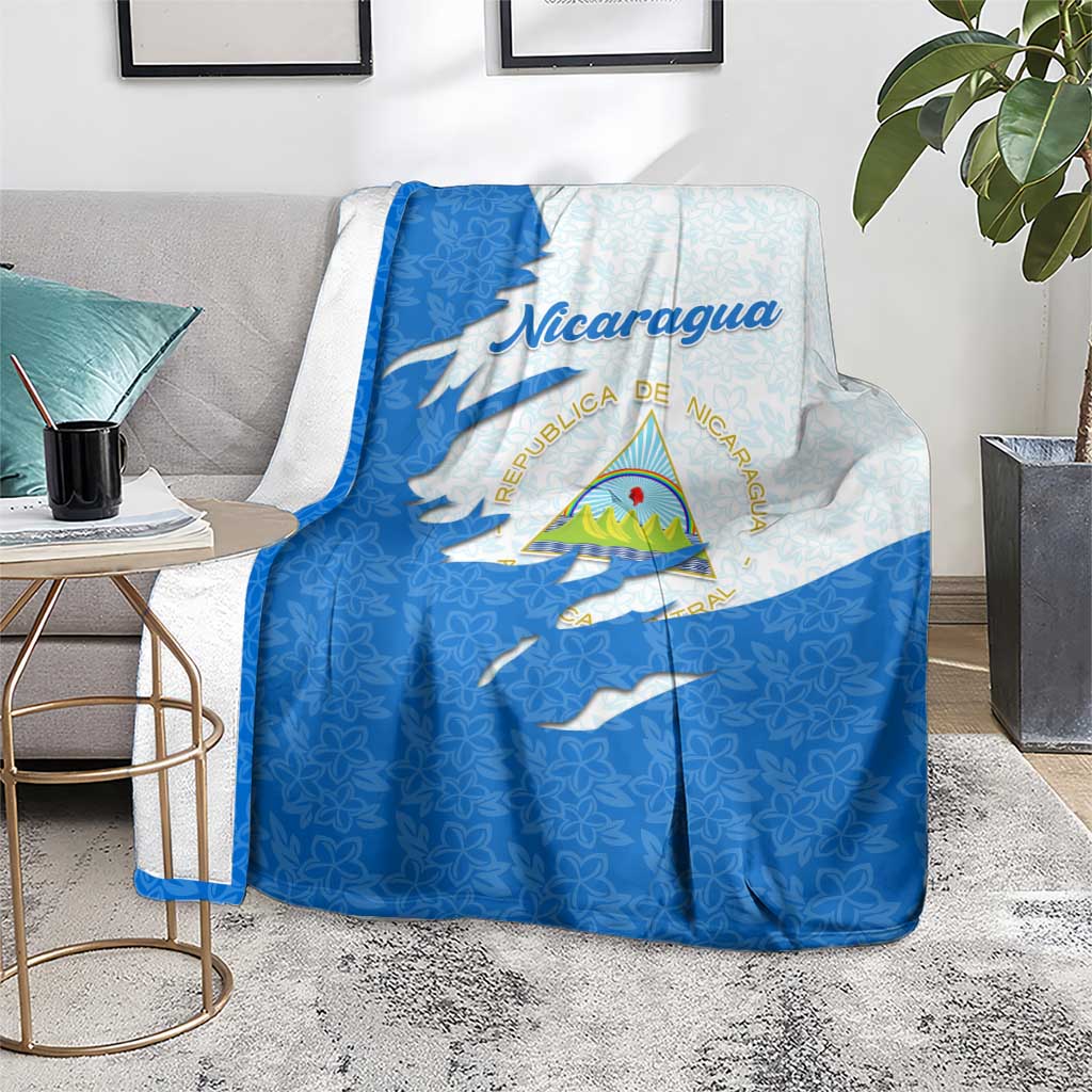 Nicaragua Flag Ripped Effect Blanket with National Emblem and Floral Pattern Design - Wonder Print Shop