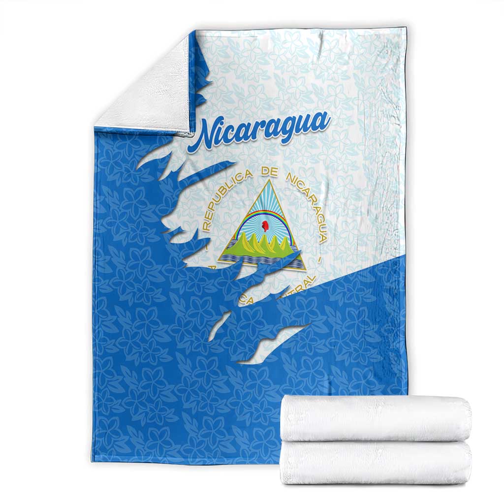 Nicaragua Flag Ripped Effect Blanket with National Emblem and Floral Pattern Design - Wonder Print Shop