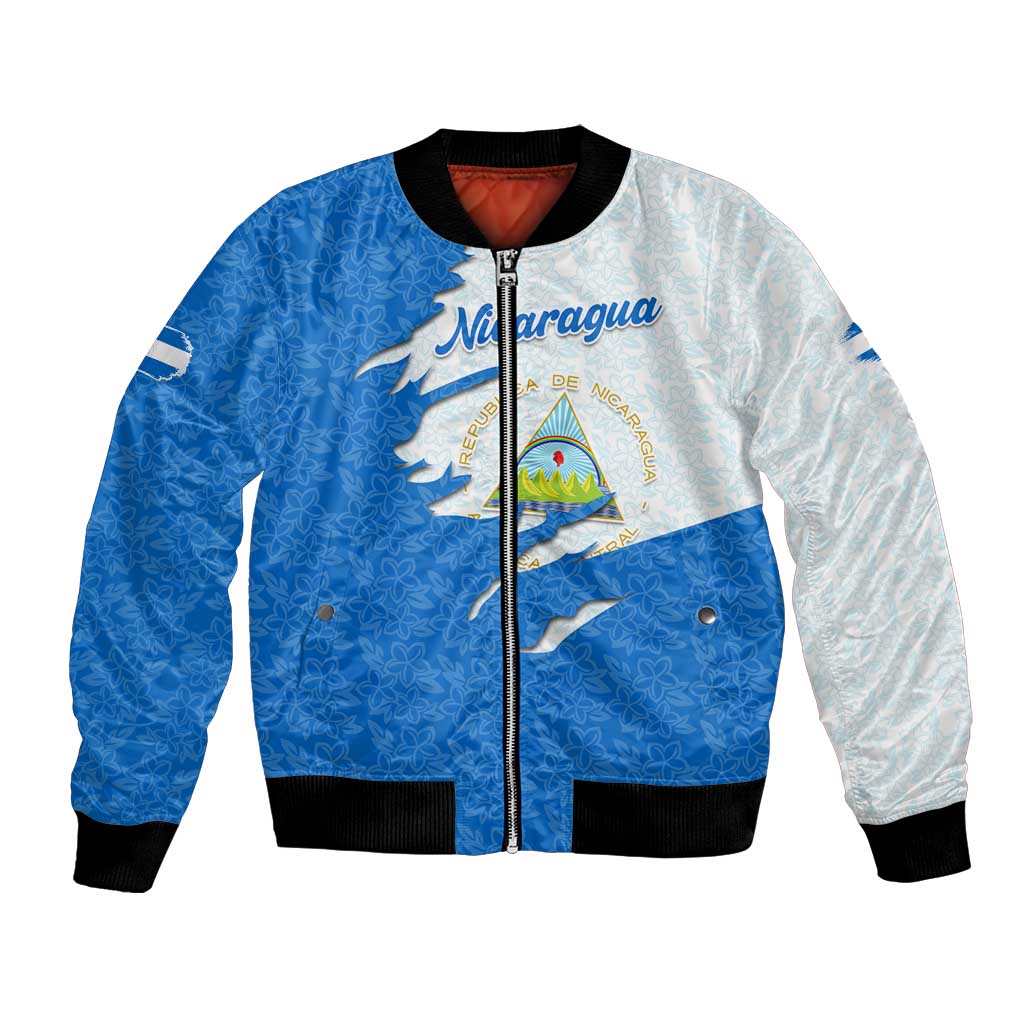 Nicaragua Flag Ripped Effect Bomber Jacket with National Emblem and Floral Pattern Design - Wonder Print Shop