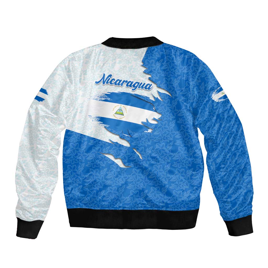 Nicaragua Flag Ripped Effect Bomber Jacket with National Emblem and Floral Pattern Design - Wonder Print Shop