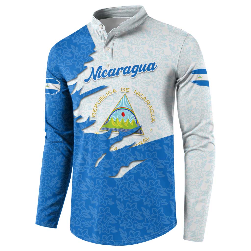Nicaragua Flag Ripped Effect Button Sweatshirt with National Emblem and Floral Pattern Design - Wonder Print Shop