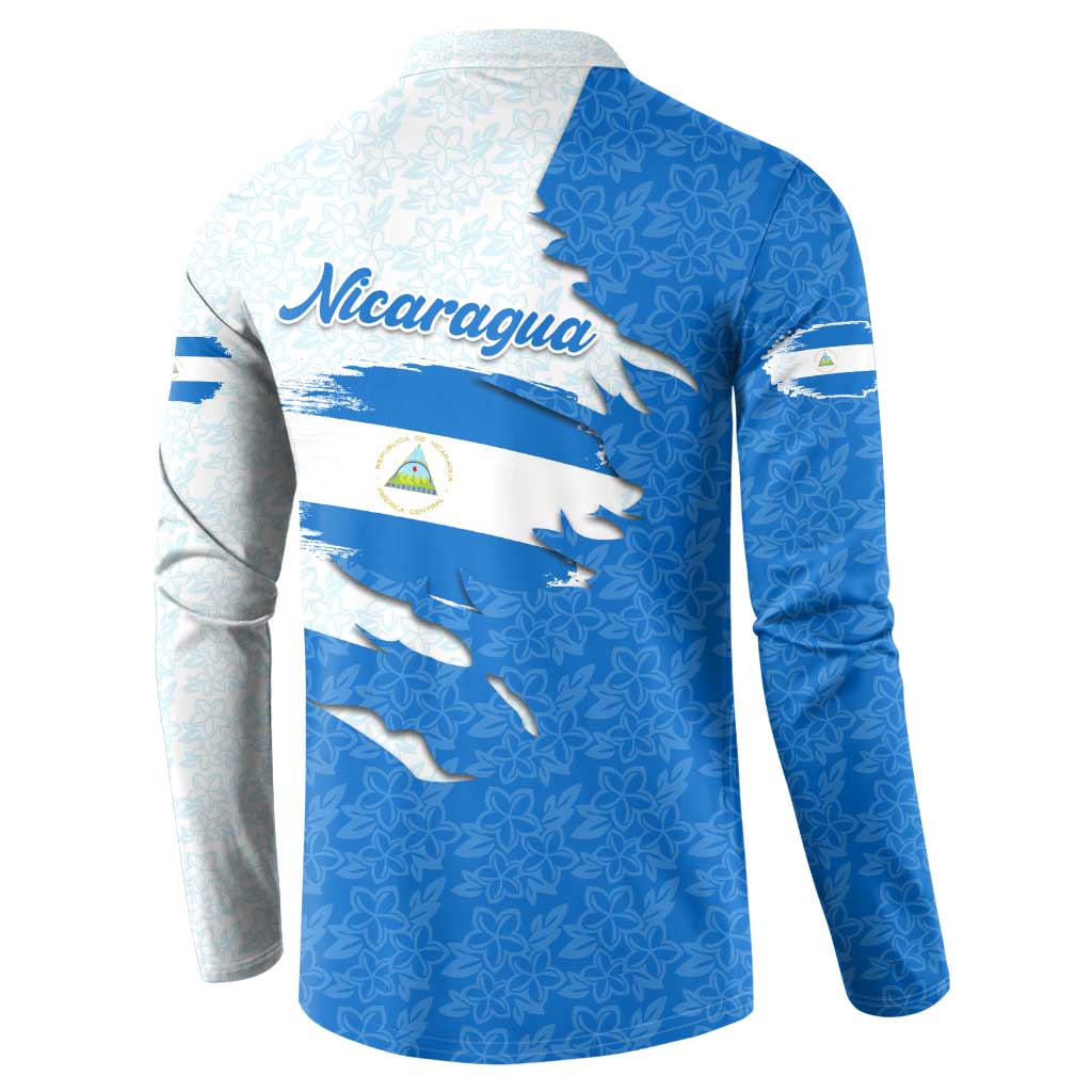 Nicaragua Flag Ripped Effect Button Sweatshirt with National Emblem and Floral Pattern Design - Wonder Print Shop