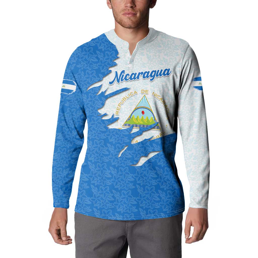 Nicaragua Flag Ripped Effect Button Sweatshirt with National Emblem and Floral Pattern Design - Wonder Print Shop