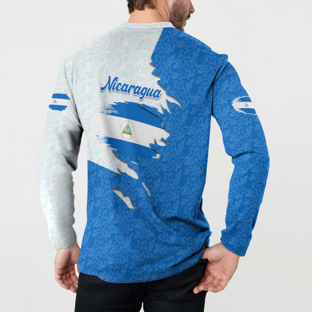 Nicaragua Flag Ripped Effect Button Sweatshirt with National Emblem and Floral Pattern Design - Wonder Print Shop