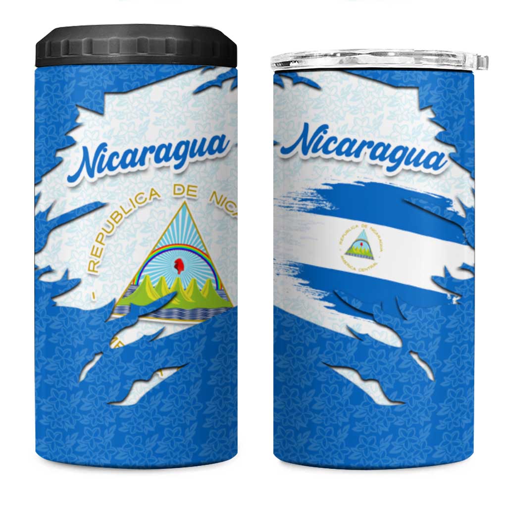 Nicaragua Flag Ripped Effect 4 in 1 Can Cooler Tumbler with National Emblem and Floral Pattern Design - Wonder Print Shop
