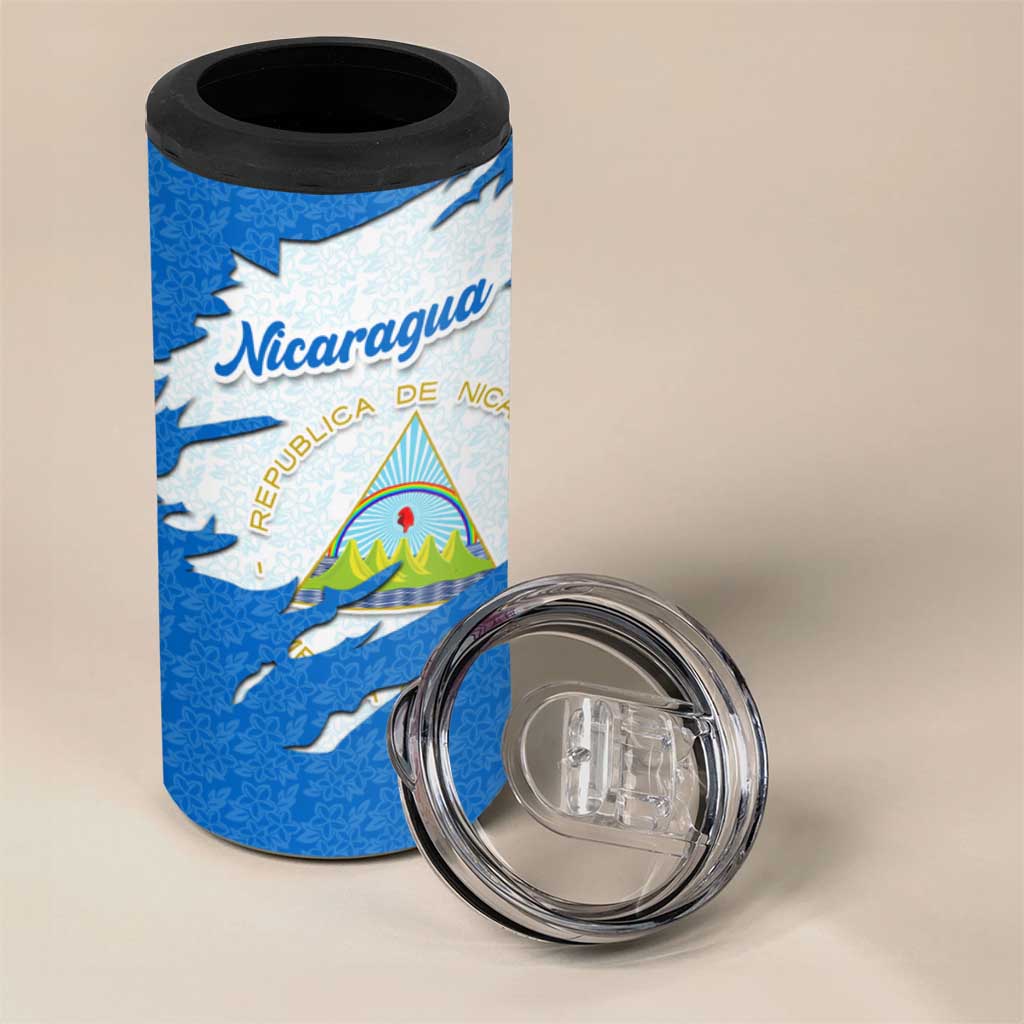 Nicaragua Flag Ripped Effect 4 in 1 Can Cooler Tumbler with National Emblem and Floral Pattern Design - Wonder Print Shop