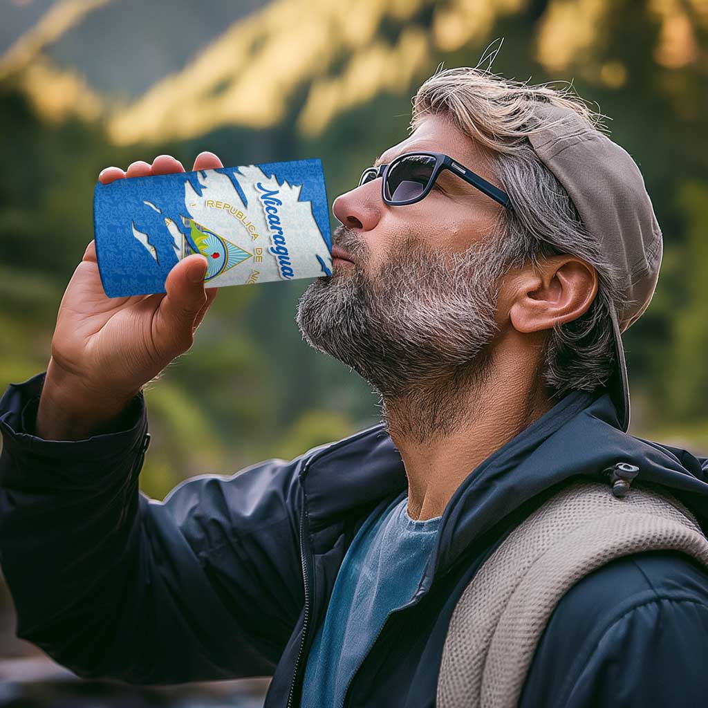 Nicaragua Flag Ripped Effect 4 in 1 Can Cooler Tumbler with National Emblem and Floral Pattern Design - Wonder Print Shop