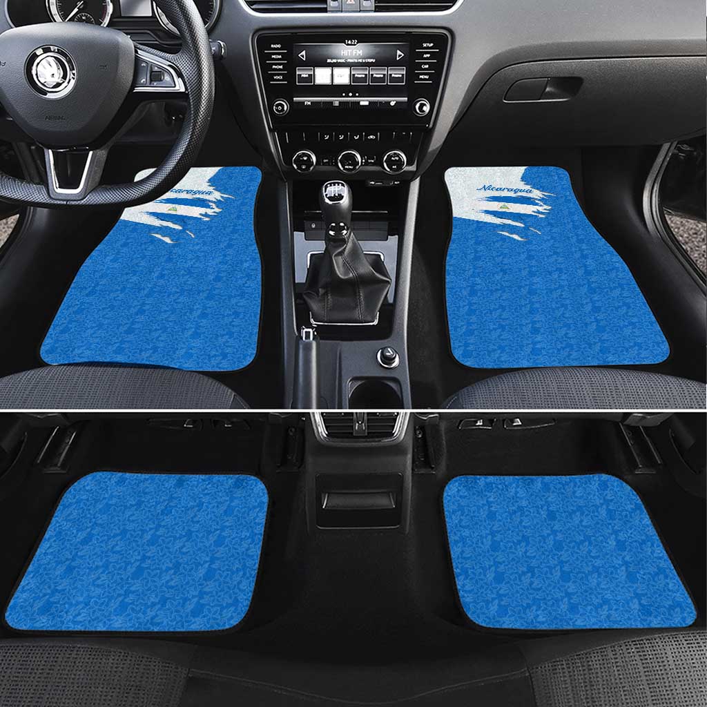 Nicaragua Flag Ripped Effect Car Mats with National Emblem and Floral Pattern Design - Wonder Print Shop