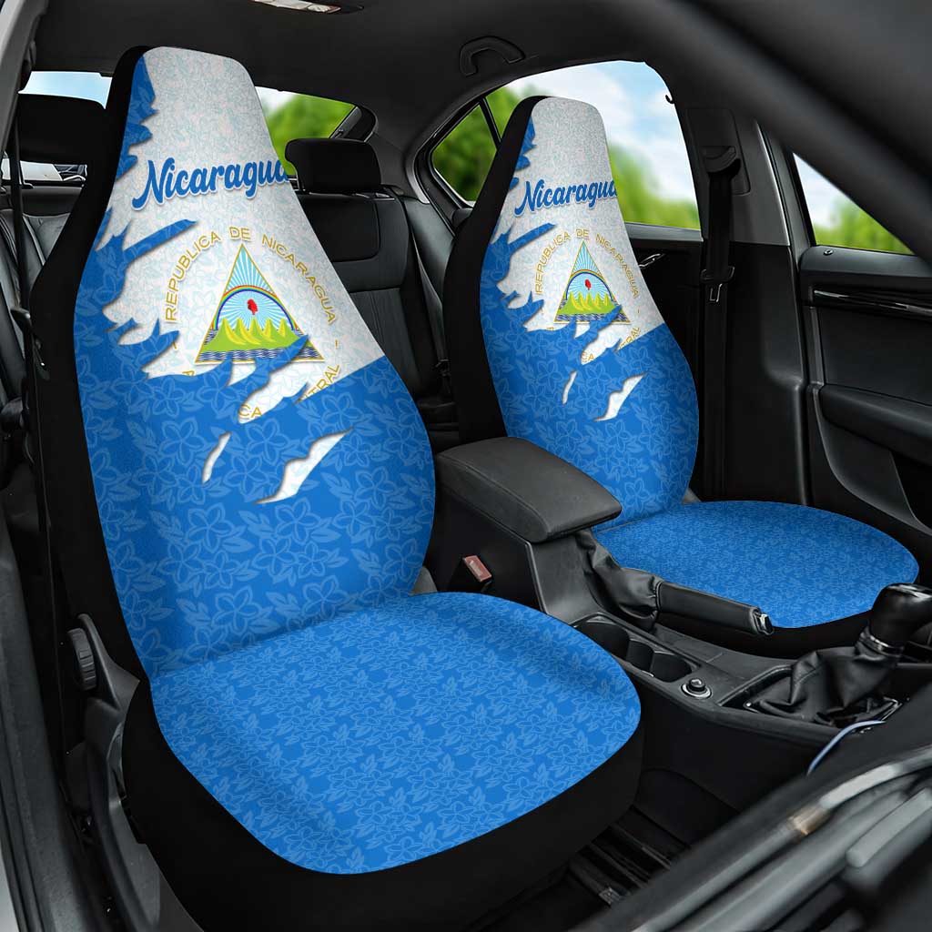 Nicaragua Flag Ripped Effect Car Seat Cover with National Emblem and Floral Pattern Design - Wonder Print Shop
