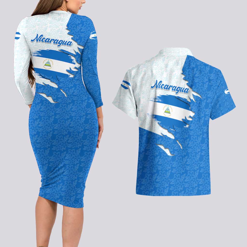 Nicaragua Flag Ripped Effect Couples Matching Long Sleeve Bodycon Dress and Hawaiian Shirt with National Emblem and Floral Pattern Design - Wonder Print Shop