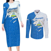 Nicaragua Flag Ripped Effect Couples Matching Long Sleeve Bodycon Dress and Long Sleeve Button Shirt with National Emblem and Floral Pattern Design - Wonder Print Shop