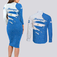 Nicaragua Flag Ripped Effect Couples Matching Long Sleeve Bodycon Dress and Long Sleeve Button Shirt with National Emblem and Floral Pattern Design - Wonder Print Shop