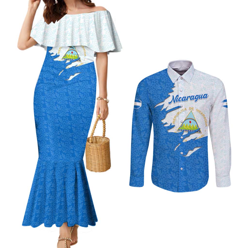 Nicaragua Flag Ripped Effect Couples Matching Mermaid Dress and Long Sleeve Button Shirt with National Emblem and Floral Pattern Design - Wonder Print Shop