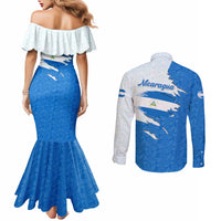 Nicaragua Flag Ripped Effect Couples Matching Mermaid Dress and Long Sleeve Button Shirt with National Emblem and Floral Pattern Design - Wonder Print Shop